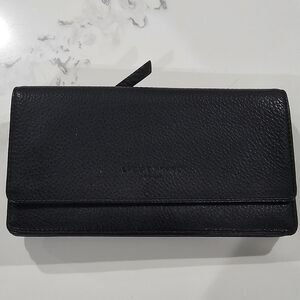 LIEBESKIND Black Pebbled Leather Long Organizer Fold Over Snap Wallet